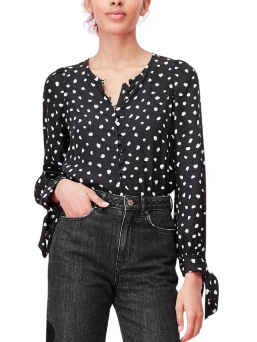 Rebecca Taylor Silk Blend Surplice Blouse 2 Black Polka Dot Tie Cuff Top Womens